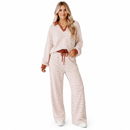Women's Striped Casual Loungewear Set Long Sleeve V Neck Top and Wide Leg Pants Two Piece Relaxed Fit Set