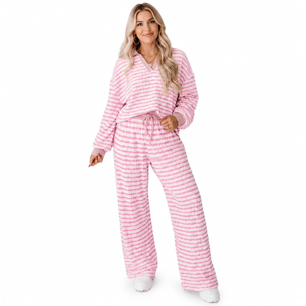 Women's Striped Casual Loungewear Set Long Sleeve V Neck Top and Wide Leg Pants Two Piece Relaxed Fit Set