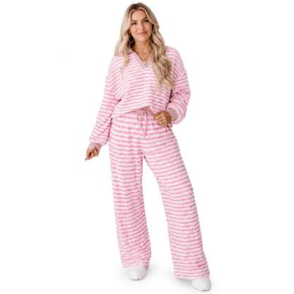 Women's Striped Casual Loungewear Set Long Sleeve V Neck Top and Wide Leg Pants Two Piece Relaxed Fit Set