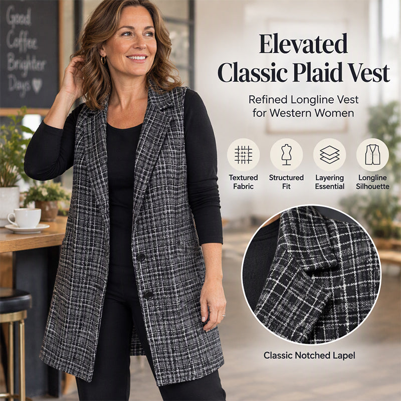 Women's Plaid Notched Lapel Longline Vest
