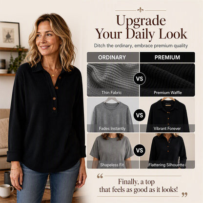 👚 Adjustable Neckline, Textured Comfort | Women's Waffle Knit Long Sleeve Henley Top