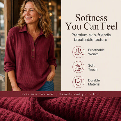 👚 Adjustable Neckline, Textured Comfort | Women's Waffle Knit Long Sleeve Henley Top