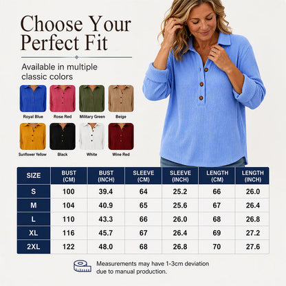 👚 Adjustable Neckline, Textured Comfort | Women's Waffle Knit Long Sleeve Henley Top