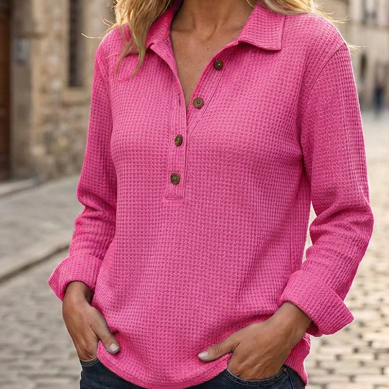👚 Adjustable Neckline, Textured Comfort | Women's Waffle Knit Long Sleeve Henley Top