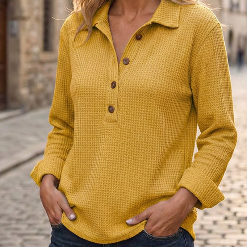 👚 Adjustable Neckline, Textured Comfort | Women's Waffle Knit Long Sleeve Henley Top