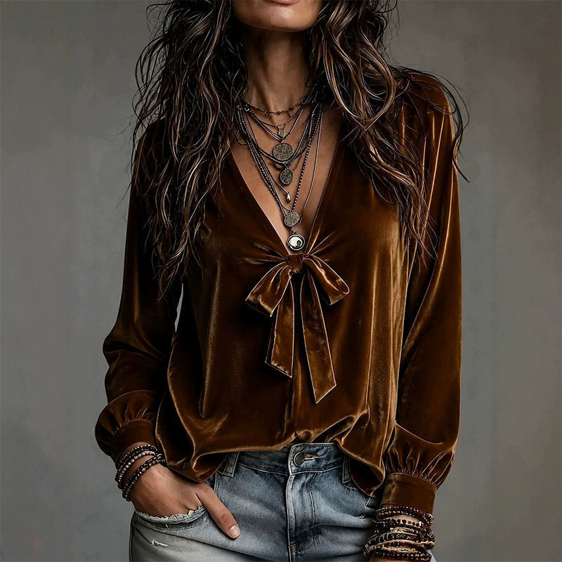 Women's French Bow Tie V Neck Blouse