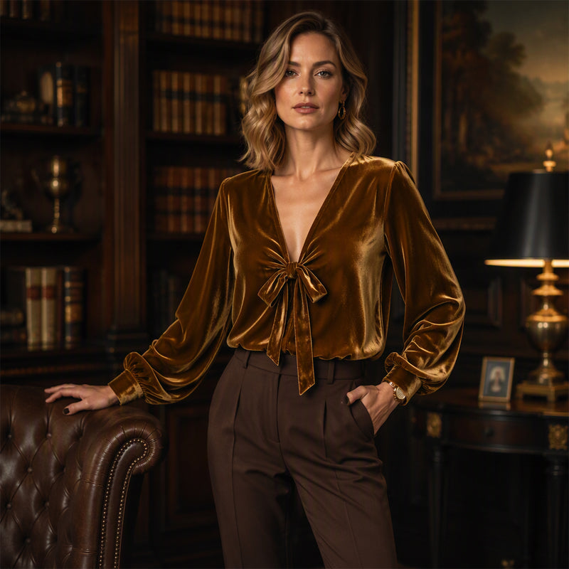 Women's French Bow Tie V Neck Blouse