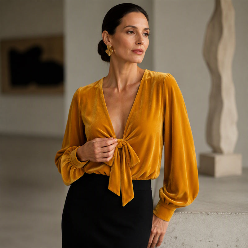 Women's French Bow Tie V Neck Blouse