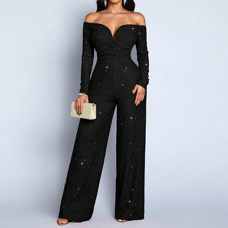 ✨ Elegant Shoulder Line, Eye-Catching Shine | Women's Chic Off-Shoulder Sequined Jumpsuit