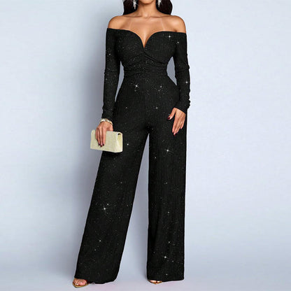 ✨ Elegant Shoulder Line, Eye-Catching Shine | Women's Chic Off-Shoulder Sequined Jumpsuit