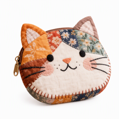 🎁Christmas Hot Sale 50% OFF🐱Cute Patchwork Cat Coin Purse, Handmade Fabric Kitten Mini Pouch, Portable Card Holder for Girls