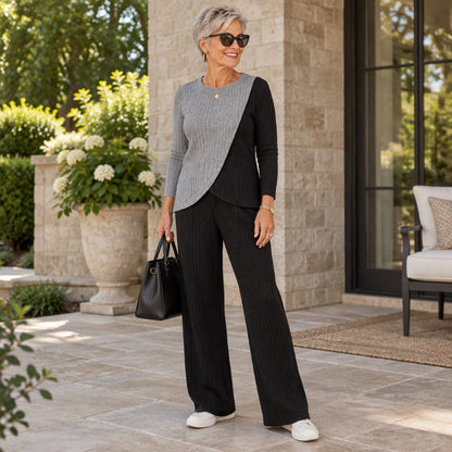 Women's Casual Color Block Ribbed Knit 2-Piece Set