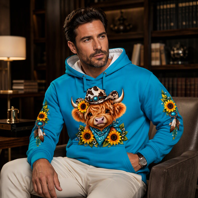Men's Highland Cow Printed Hoodie with Pocket