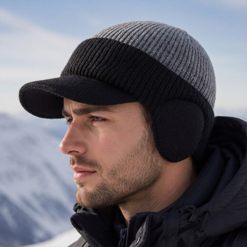 🧢 Cozy Ear Coverage, Structured Brim Detail | Men's Winter Knit Beanie Hat with Brim & Ear Flaps