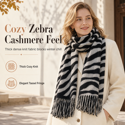 Women's Zebra Print Faux Cashmere Scarf Thick Warm Winter Shawl and Wrap with Tassels