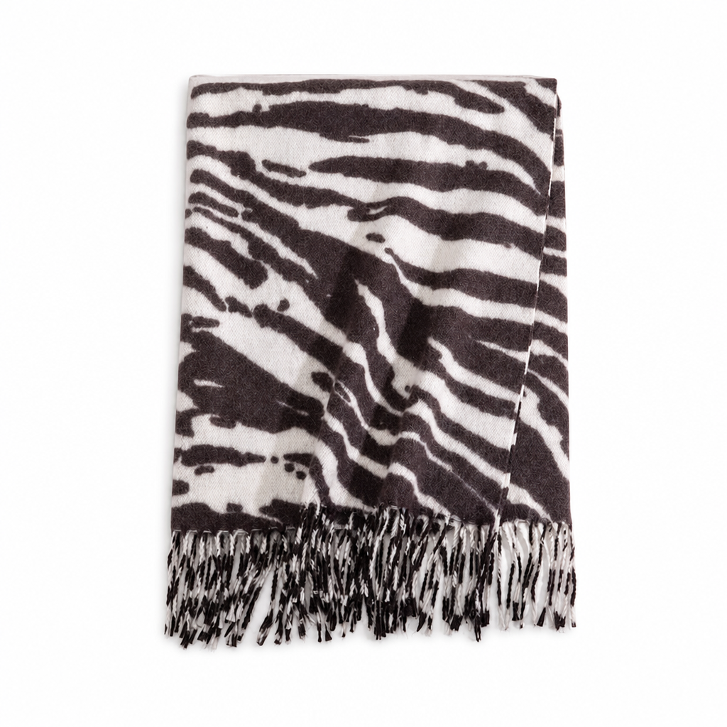 Women's Zebra Print Faux Cashmere Scarf Thick Warm Winter Shawl and Wrap with Tassels