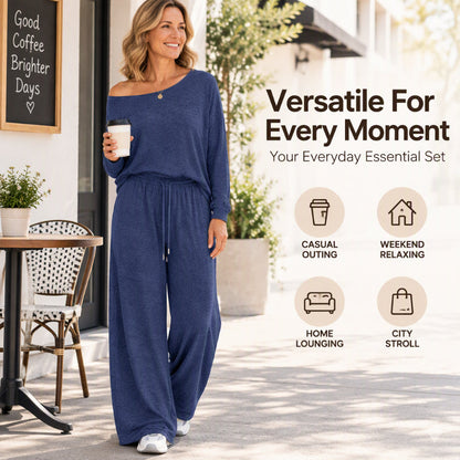 Women's Off-Shoulder Long Sleeve Top & Wide-Leg Pants Set