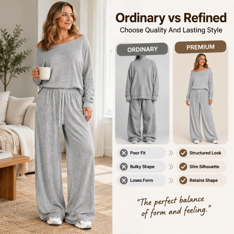 Women's Off-Shoulder Long Sleeve Top & Wide-Leg Pants Set