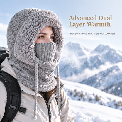 Womens Winter Thickened Knitted Hat with Integrated Neck Warmer and Face Mask Outdoor Warm Ear Protection Cap
