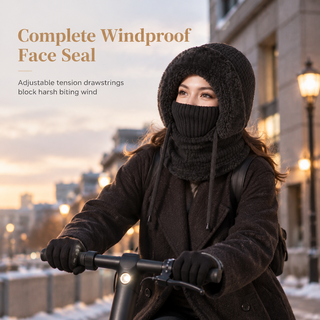 Womens Winter Thickened Knitted Hat with Integrated Neck Warmer and Face Mask Outdoor Warm Ear Protection Cap