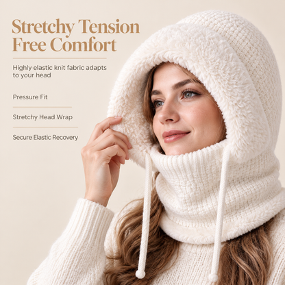 Womens Winter Thickened Knitted Hat with Integrated Neck Warmer and Face Mask Outdoor Warm Ear Protection Cap