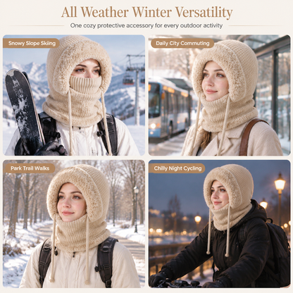 Womens Winter Thickened Knitted Hat with Integrated Neck Warmer and Face Mask Outdoor Warm Ear Protection Cap