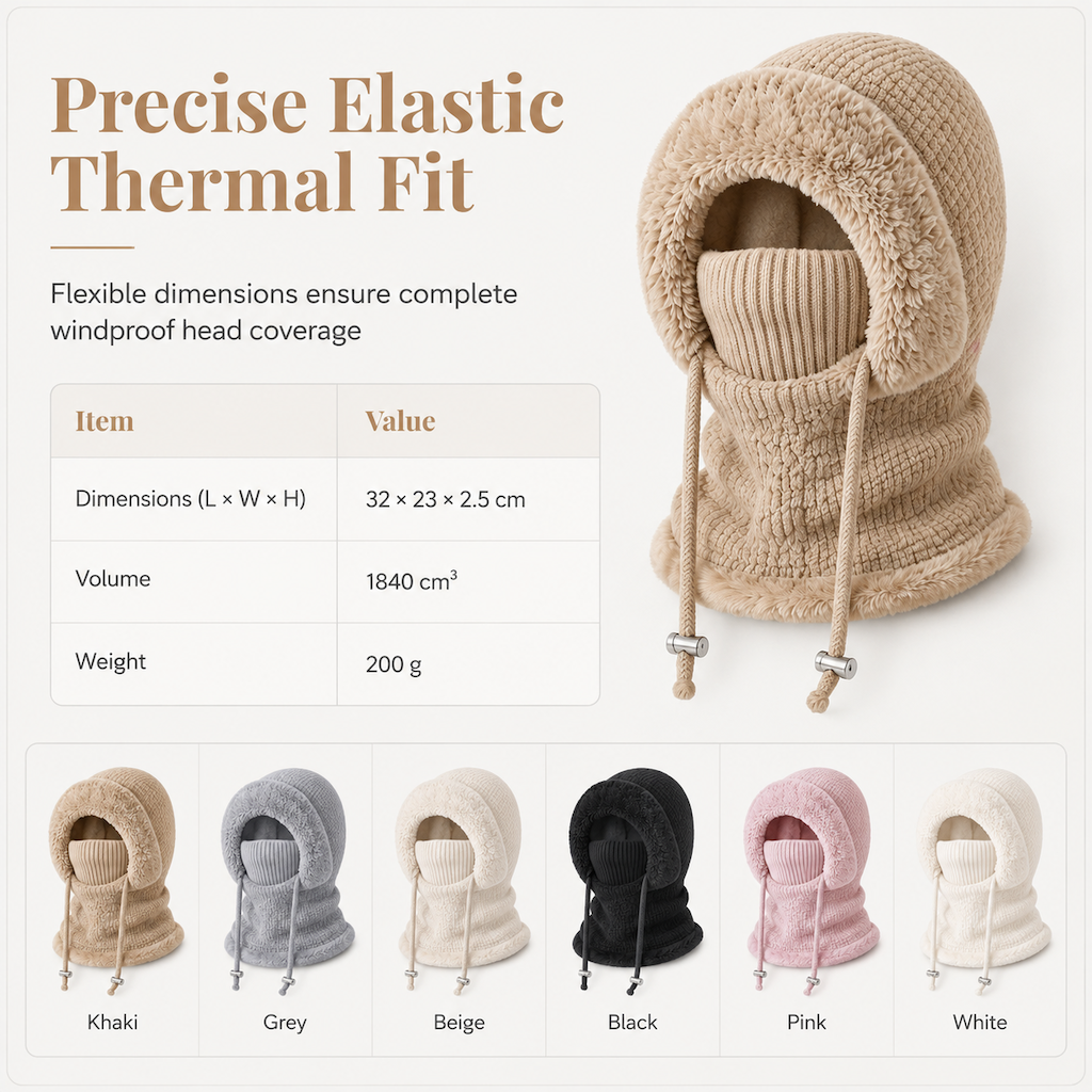 Womens Winter Thickened Knitted Hat with Integrated Neck Warmer and Face Mask Outdoor Warm Ear Protection Cap