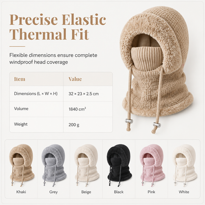 Womens Winter Thickened Knitted Hat with Integrated Neck Warmer and Face Mask Outdoor Warm Ear Protection Cap