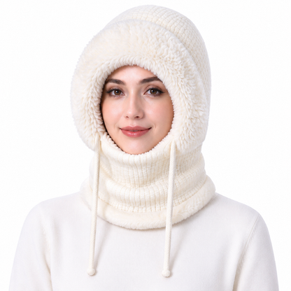 Womens Winter Thickened Knitted Hat with Integrated Neck Warmer and Face Mask Outdoor Warm Ear Protection Cap