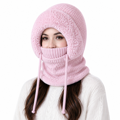 Womens Winter Thickened Knitted Hat with Integrated Neck Warmer and Face Mask Outdoor Warm Ear Protection Cap