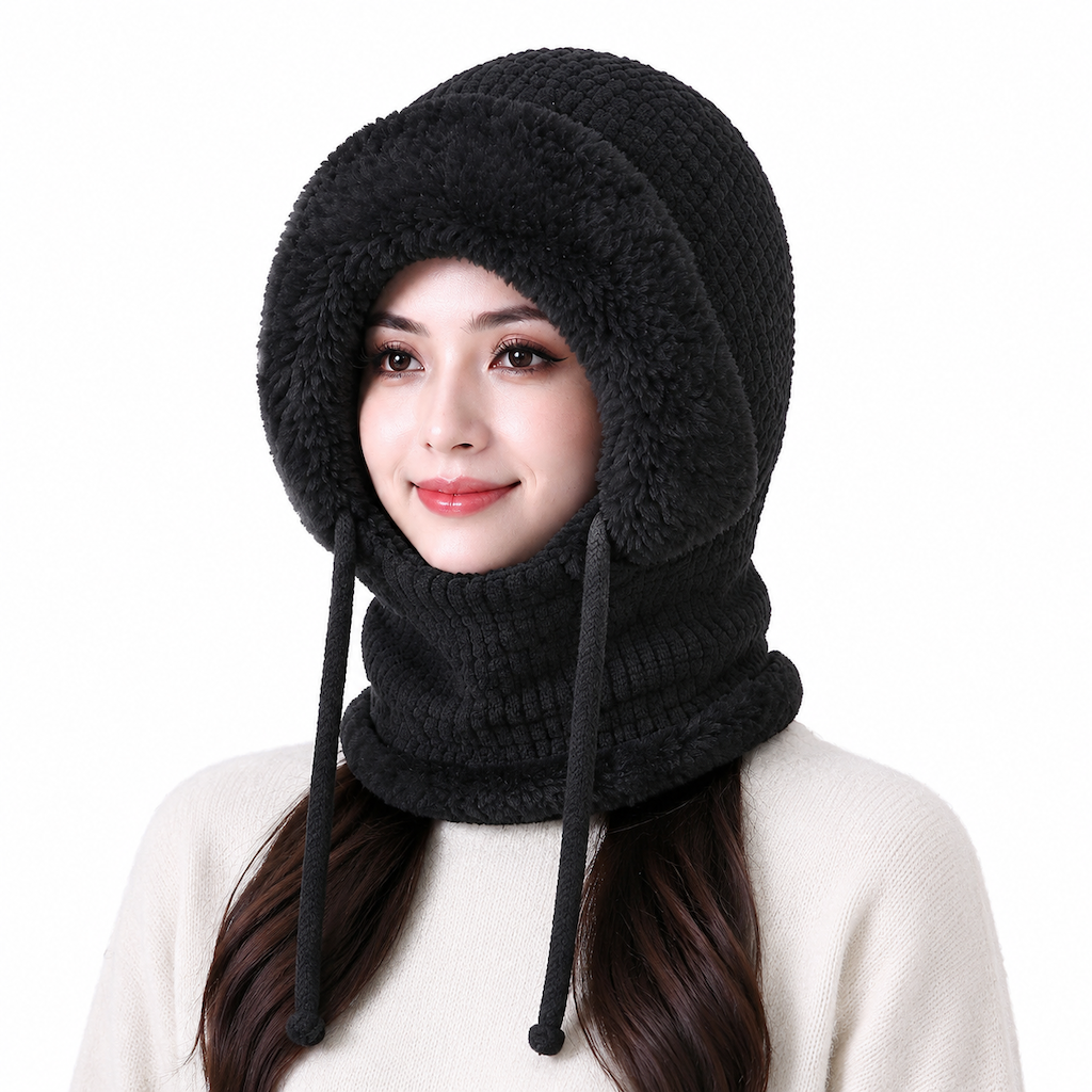 Womens Winter Thickened Knitted Hat with Integrated Neck Warmer and Face Mask Outdoor Warm Ear Protection Cap