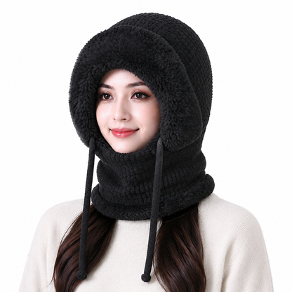 Womens Winter Thickened Knitted Hat with Integrated Neck Warmer and Face Mask Outdoor Warm Ear Protection Cap