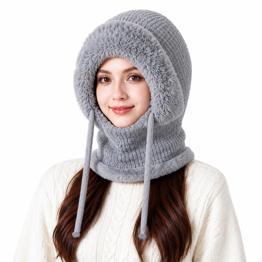 Womens Winter Thickened Knitted Hat with Integrated Neck Warmer and Face Mask Outdoor Warm Ear Protection Cap
