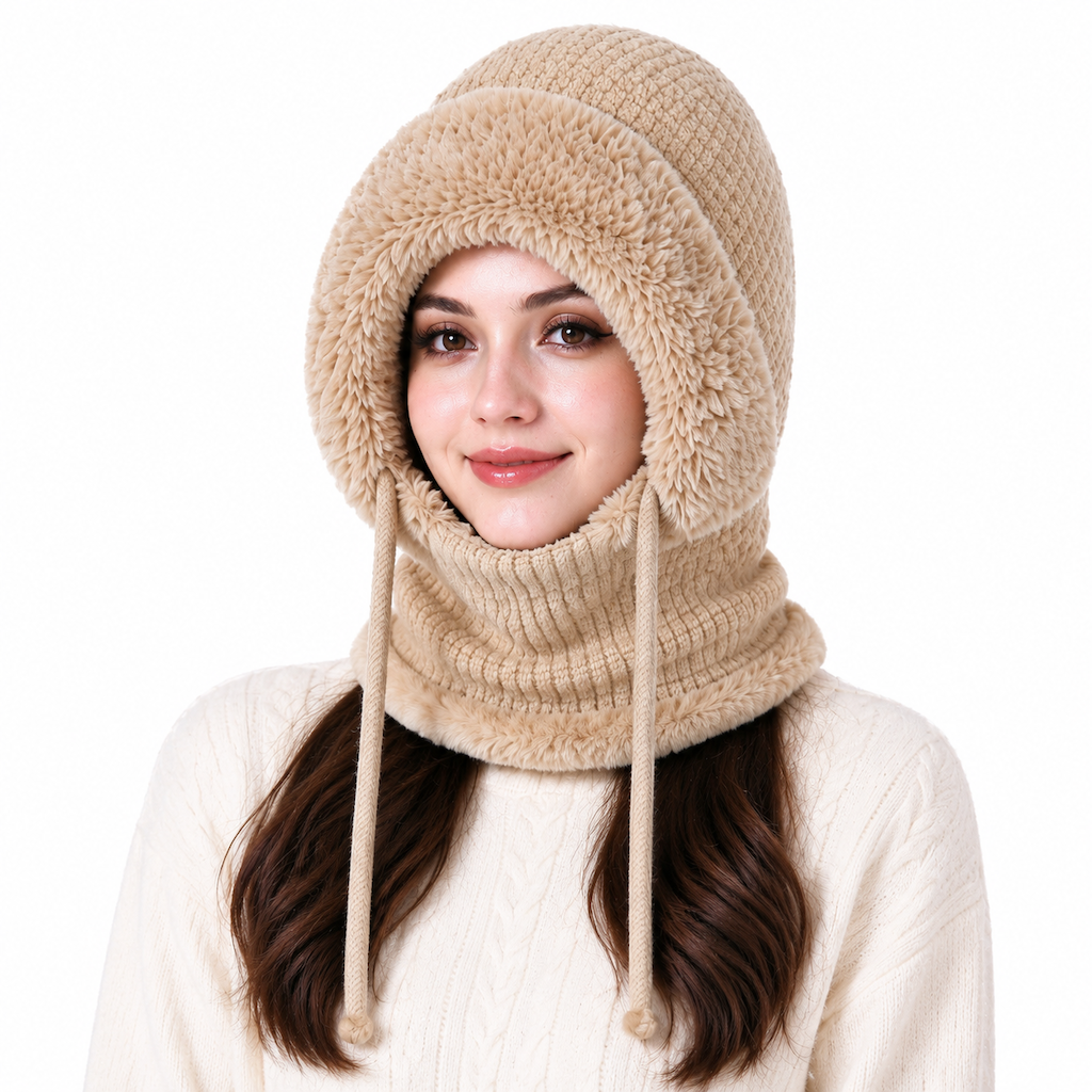 Womens Winter Thickened Knitted Hat with Integrated Neck Warmer and Face Mask Outdoor Warm Ear Protection Cap