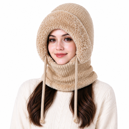 Womens Winter Thickened Knitted Hat with Integrated Neck Warmer and Face Mask Outdoor Warm Ear Protection Cap