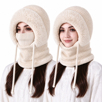 Womens Winter Thickened Knitted Hat with Integrated Neck Warmer and Face Mask Outdoor Warm Ear Protection Cap