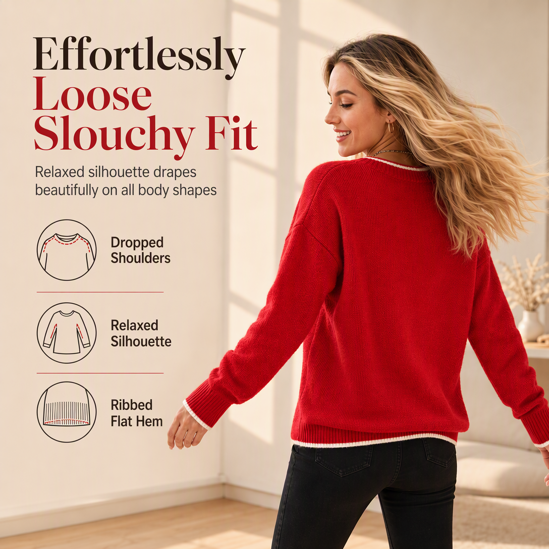🎄Women's Christmas Snowflake Jacquard Knit Sweater Crew Neck Loose Fit Pullover for Autumn and Winter