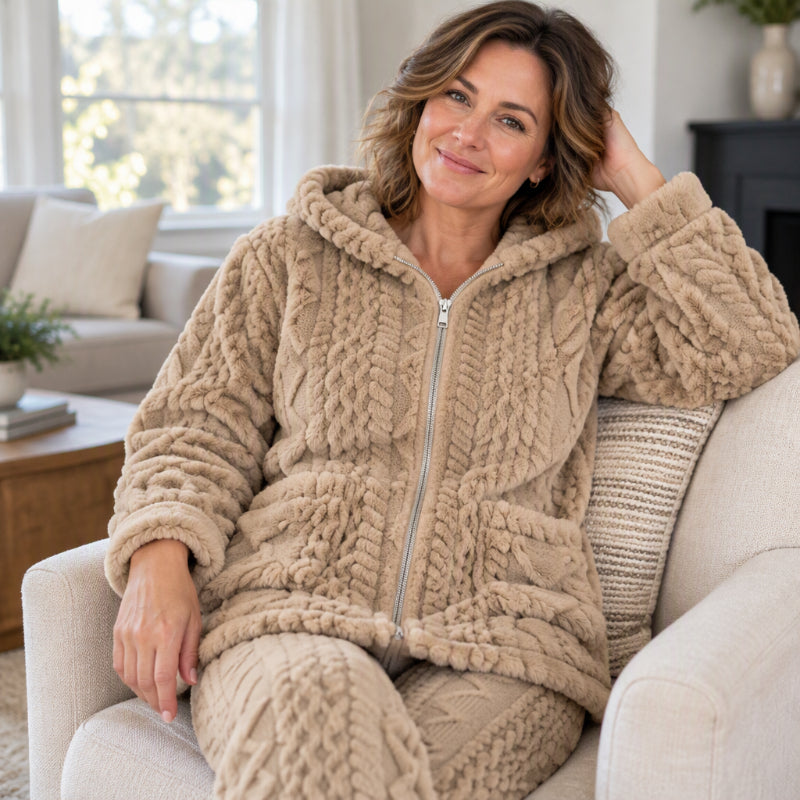 🧶 Cloud-Soft Warmth, Easy Coordinated Comfort | Women's Plush Cable Knit Hooded Jacket & Pants Set
