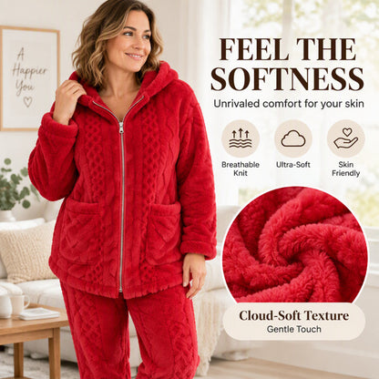 🧶 Cloud-Soft Warmth, Easy Coordinated Comfort | Women's Plush Cable Knit Hooded Jacket & Pants Set