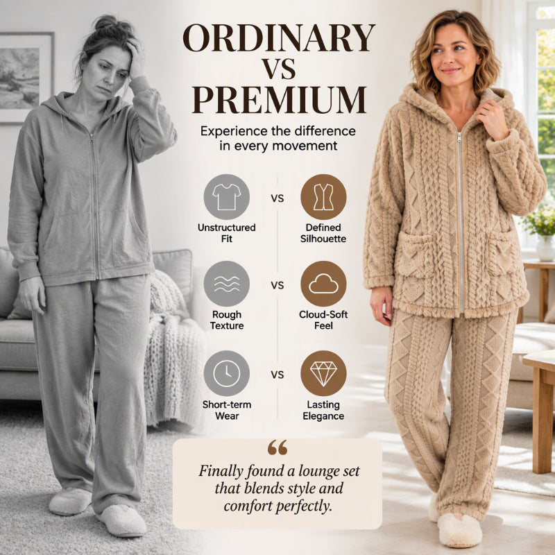 🧶 Cloud-Soft Warmth, Easy Coordinated Comfort | Women's Plush Cable Knit Hooded Jacket & Pants Set