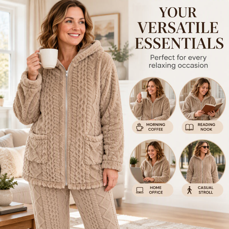 🧶 Cloud-Soft Warmth, Easy Coordinated Comfort | Women's Plush Cable Knit Hooded Jacket & Pants Set