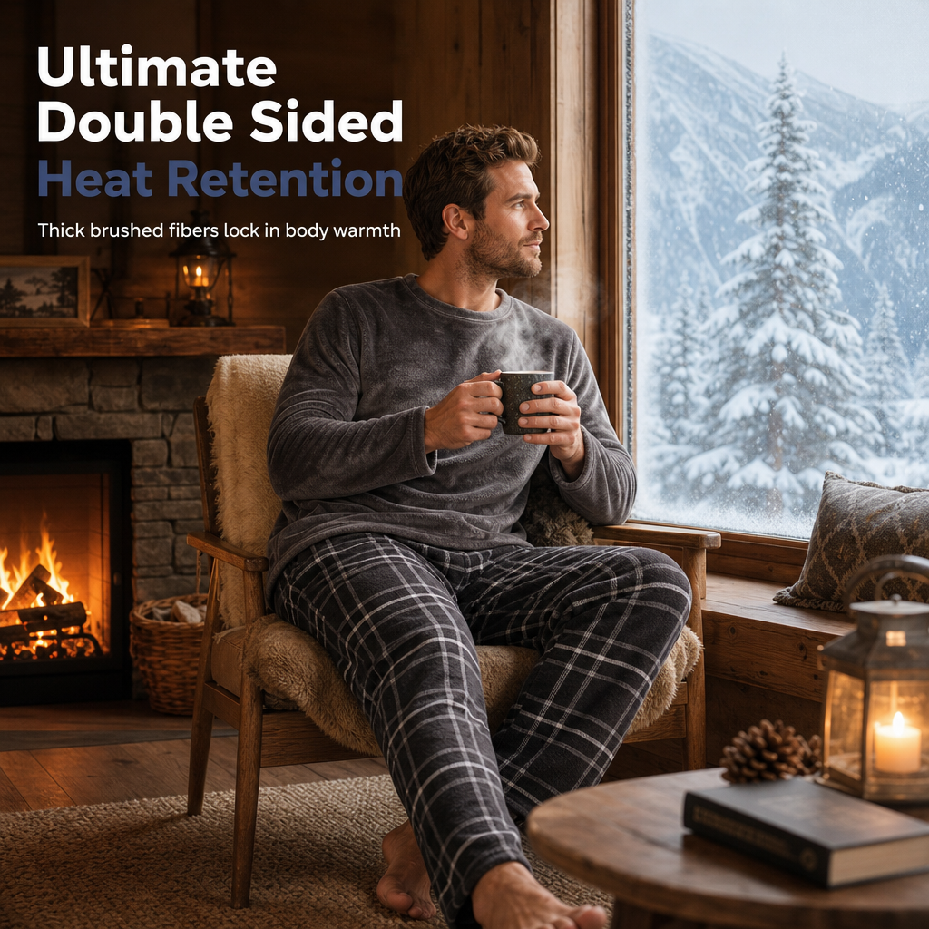 Men's Soft Plush Knit Loungewear Pajama Set with Solid Crewneck Top and Plaid Pants