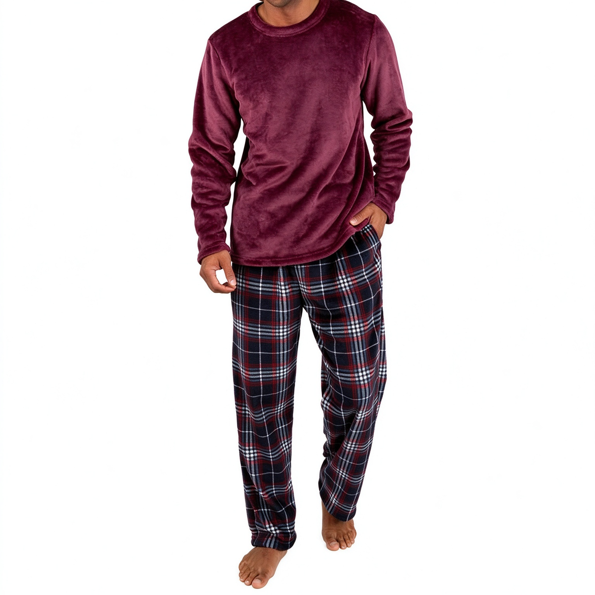 Men's Soft Plush Knit Loungewear Pajama Set with Solid Crewneck Top and Plaid Pants