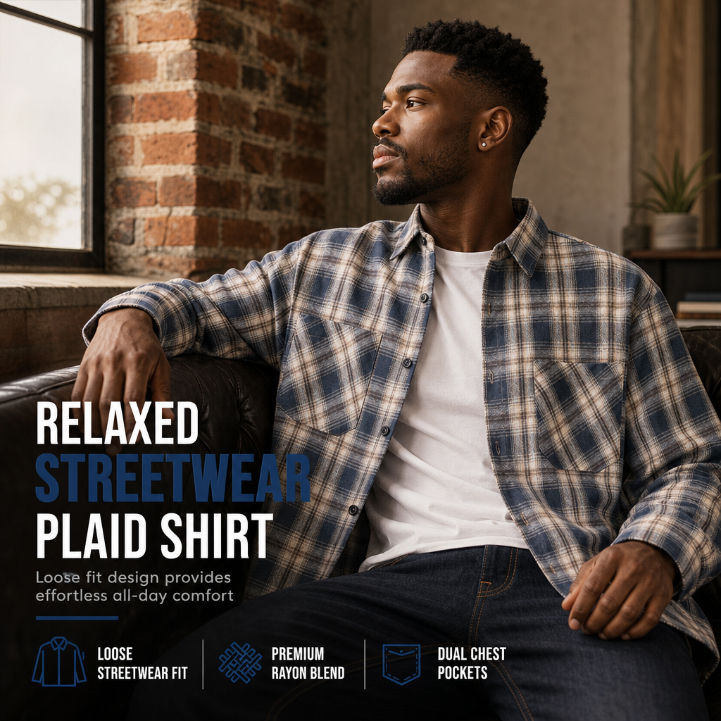 Unisex Casual Loose Fit Plaid Button Down Shirt Top for Men and Women