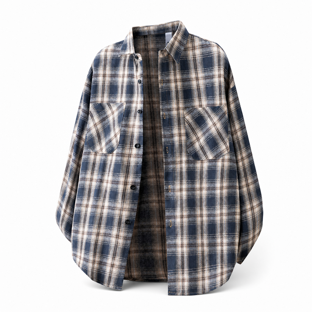 Unisex Casual Loose Fit Plaid Button Down Shirt Top for Men and Women