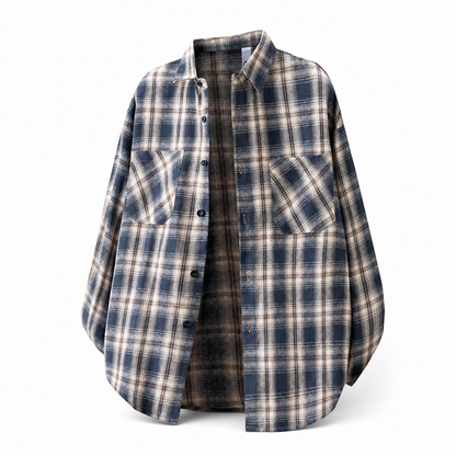 Unisex Casual Loose Fit Plaid Button Down Shirt Top for Men and Women