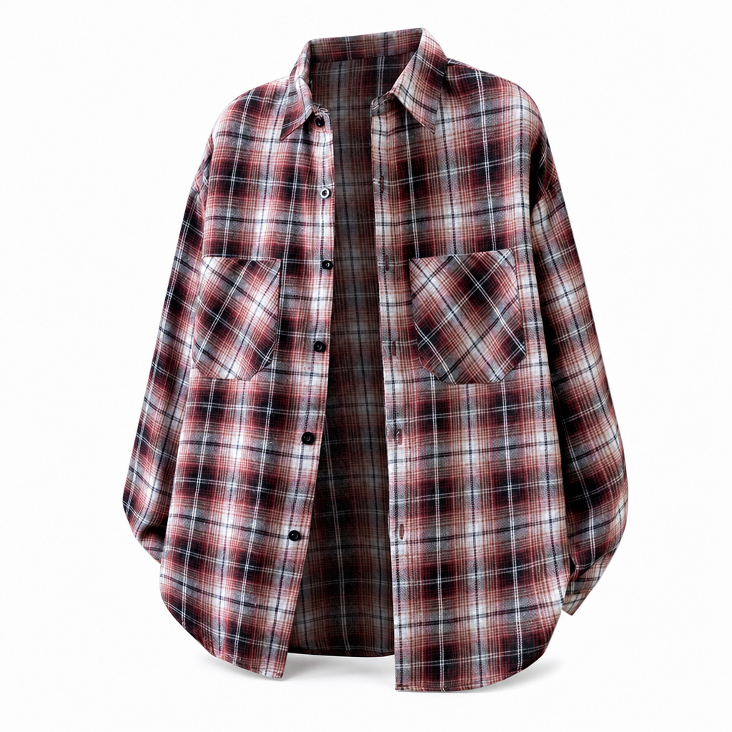Unisex Casual Loose Fit Plaid Button Down Shirt Top for Men and Women
