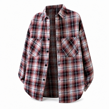 Unisex Casual Loose Fit Plaid Button Down Shirt Top for Men and Women