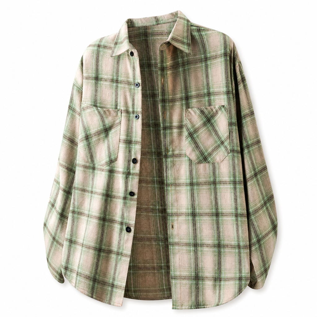 Unisex Casual Loose Fit Plaid Button Down Shirt Top for Men and Women