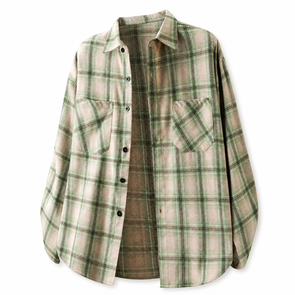 Unisex Casual Loose Fit Plaid Button Down Shirt Top for Men and Women